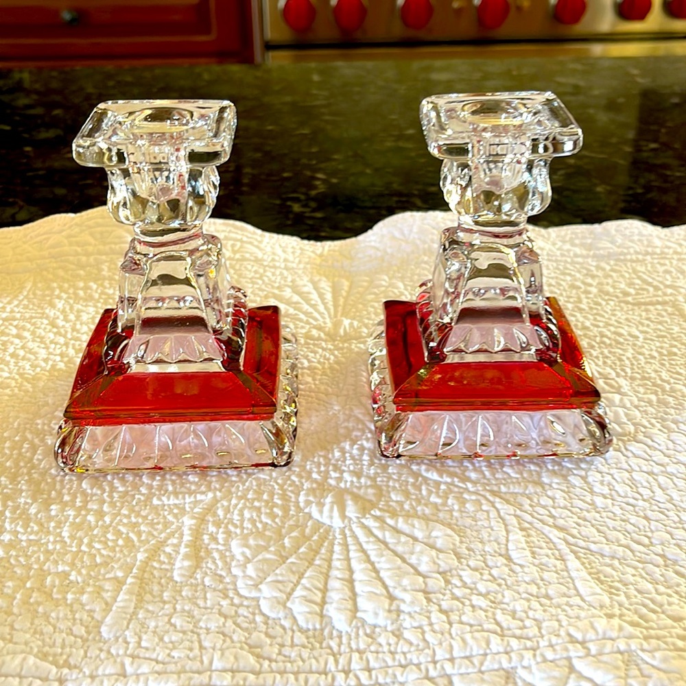 Westmoreland Wedding Pattern Ruby Flash Crystal Candlestick Pair